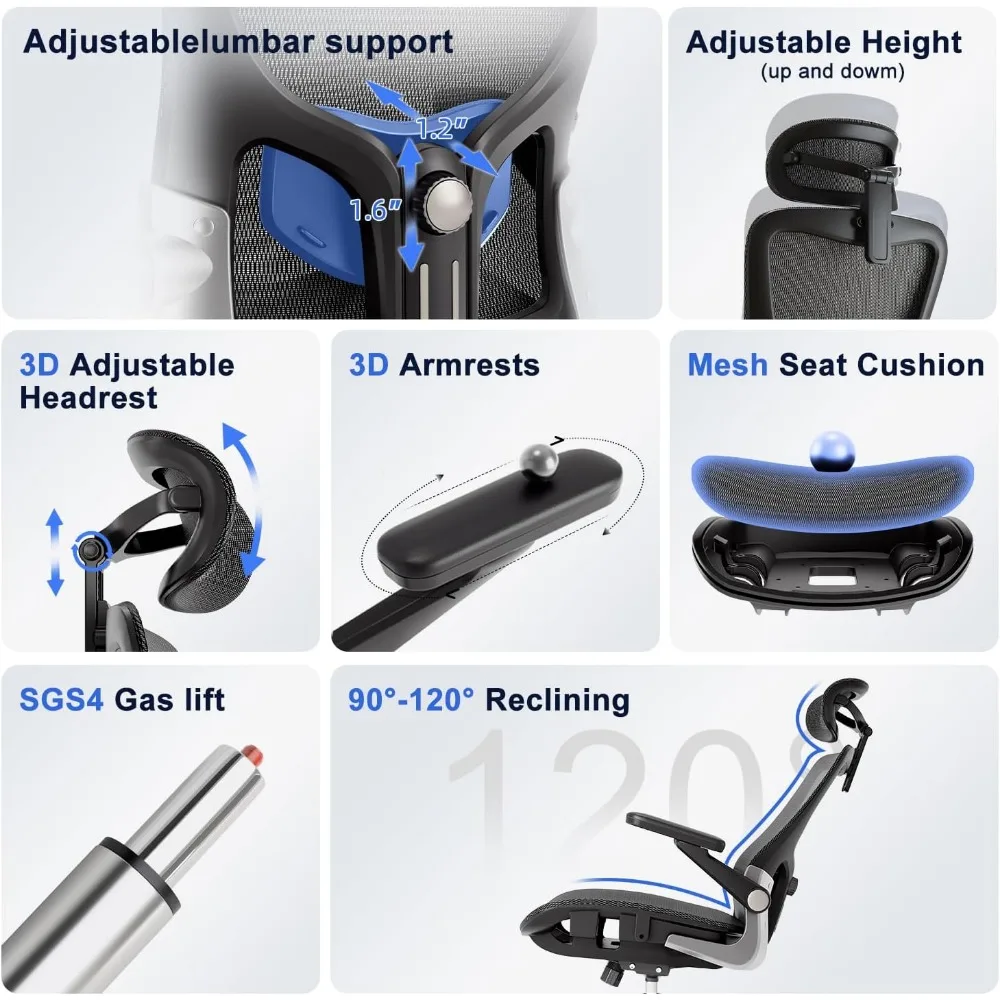 Ergonomic Office Chair，Mesh Seat Cushion with 3D Armrests and 3D Headrest, Adjustable Lumbar Support with Rocking Function, SGS