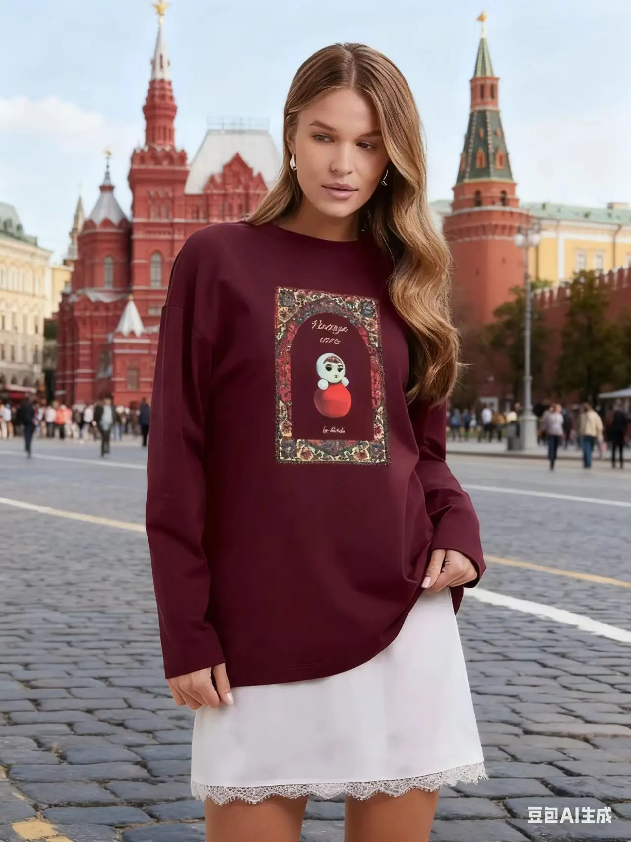 ロシアの女の子人形プリントバーガンディ 100% 綿長袖 Tシャツ女性ヴィンテージ特大スウェットかわいい女の子ファッション春 1