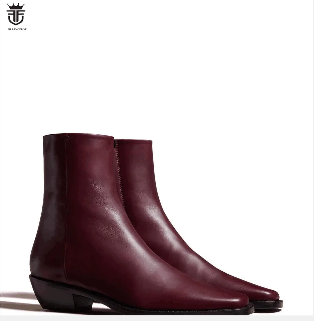 Factory Real Photo Cool Men wine red leather boots zip side ankle booties male party shoes low heel mens boot square toes