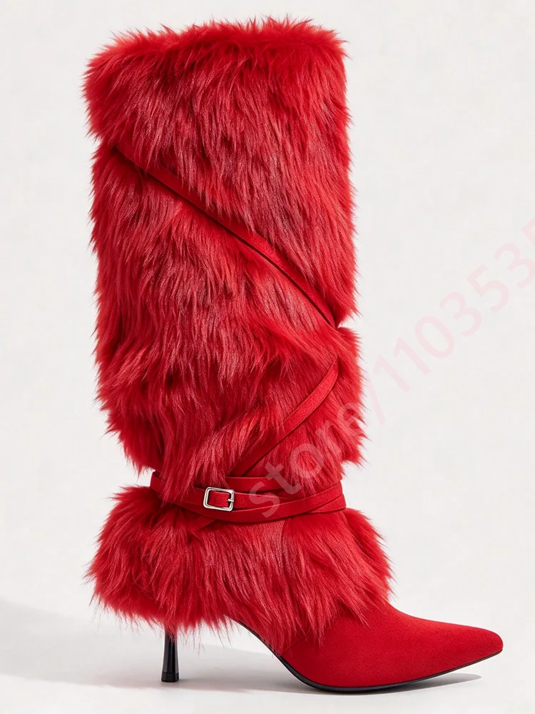 Women Furry Knee High Boots Pointed Toe Thin High Heel Buckle Strap Winter Warm Fluffy Boots Fashion Party Nightclub Footwear