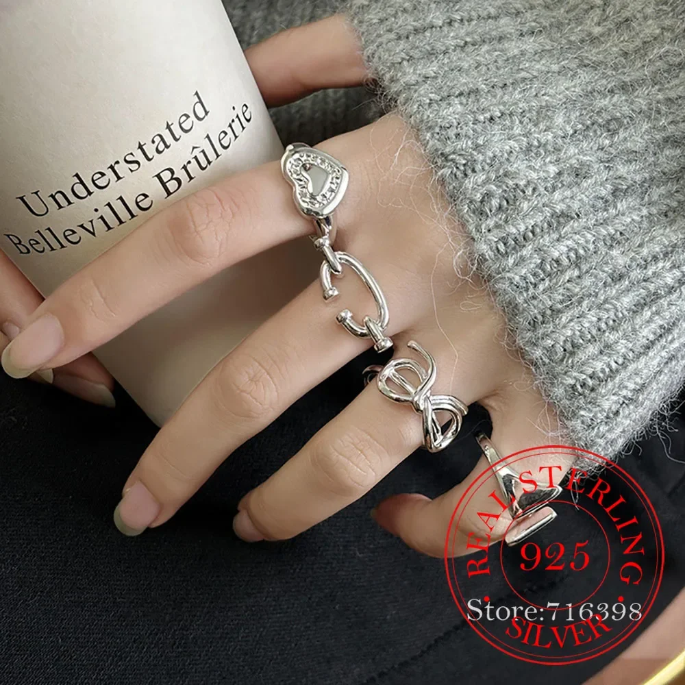 

Корейское кольцо из стерлингового серебра 925 пробы с бантом в форме сердца, регулируемое геометрическое кольцо, популярные свадебные украшения, серебряные кольца для женщин и мужчин