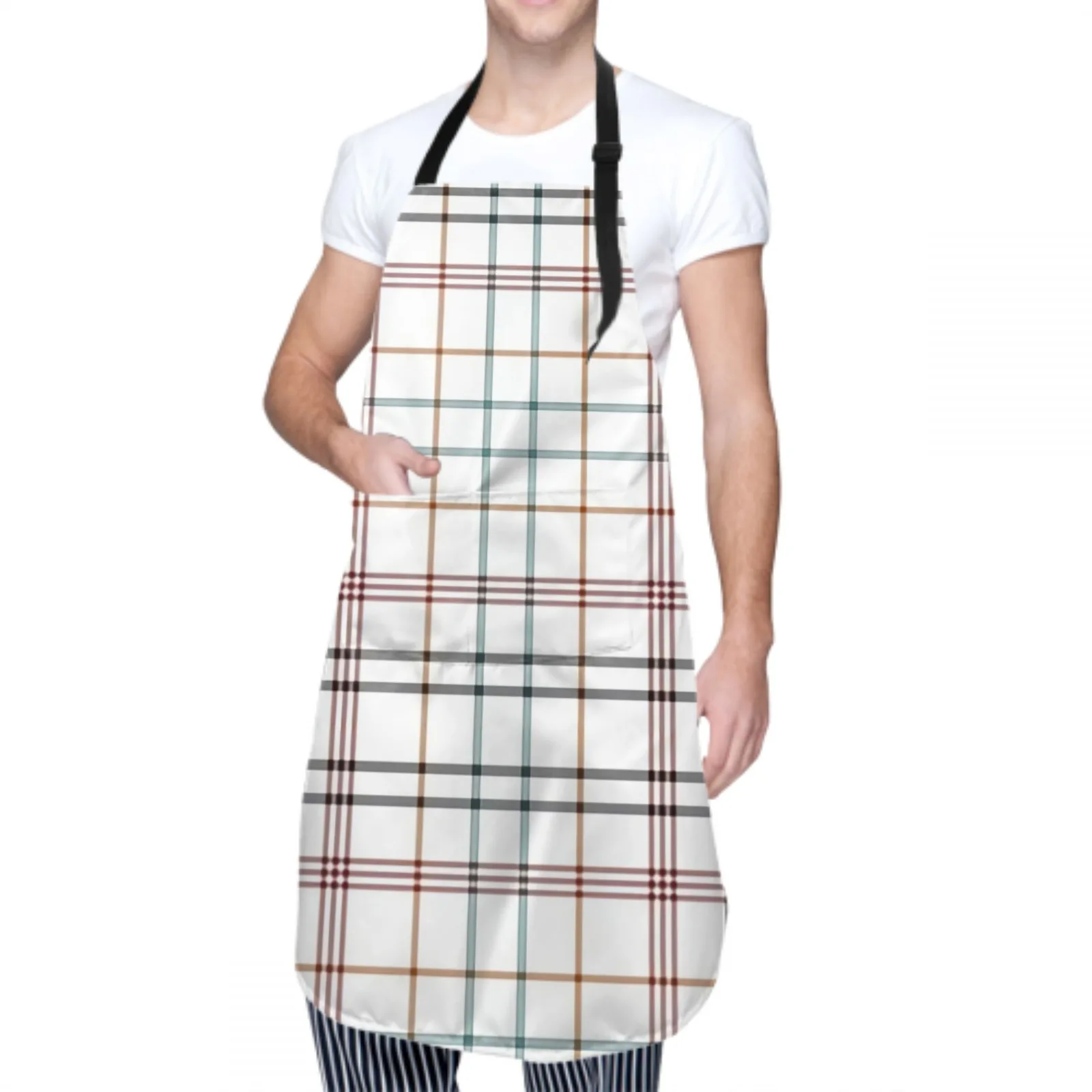 Check Plaid Waterproof Apron with 2 Pockets Kitchen Chef Apron  Apron for Hair Brushing Cooking Baking Painting Gardening