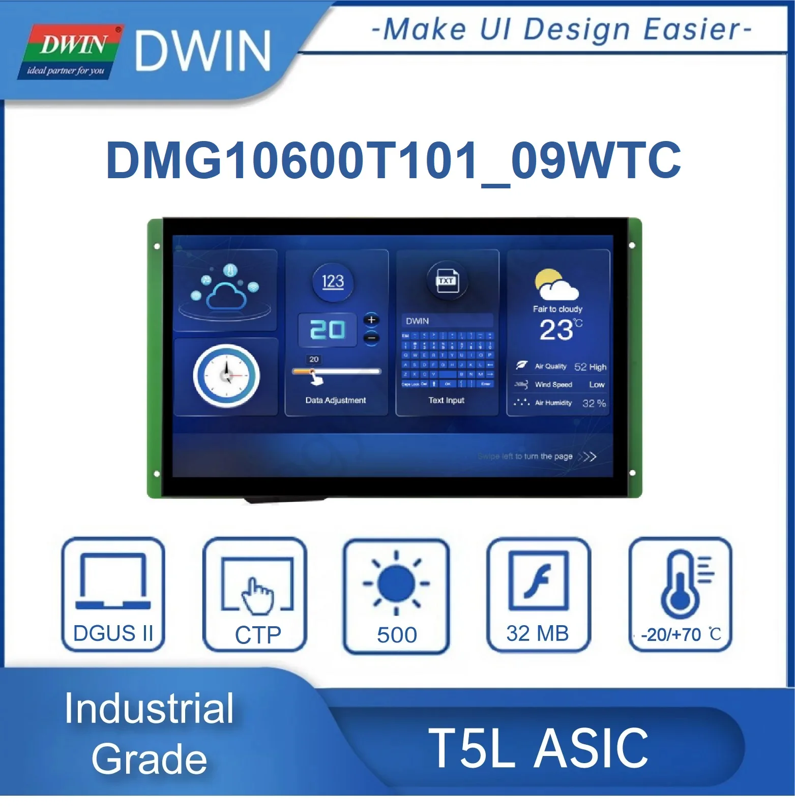 

DWIN 10.1 Inch HMI 1024*600 IPS-TFT-LCD Display Industrial-grade High Brightness UART Touch Screen ArduinoESP32 DMG10600T101_09W