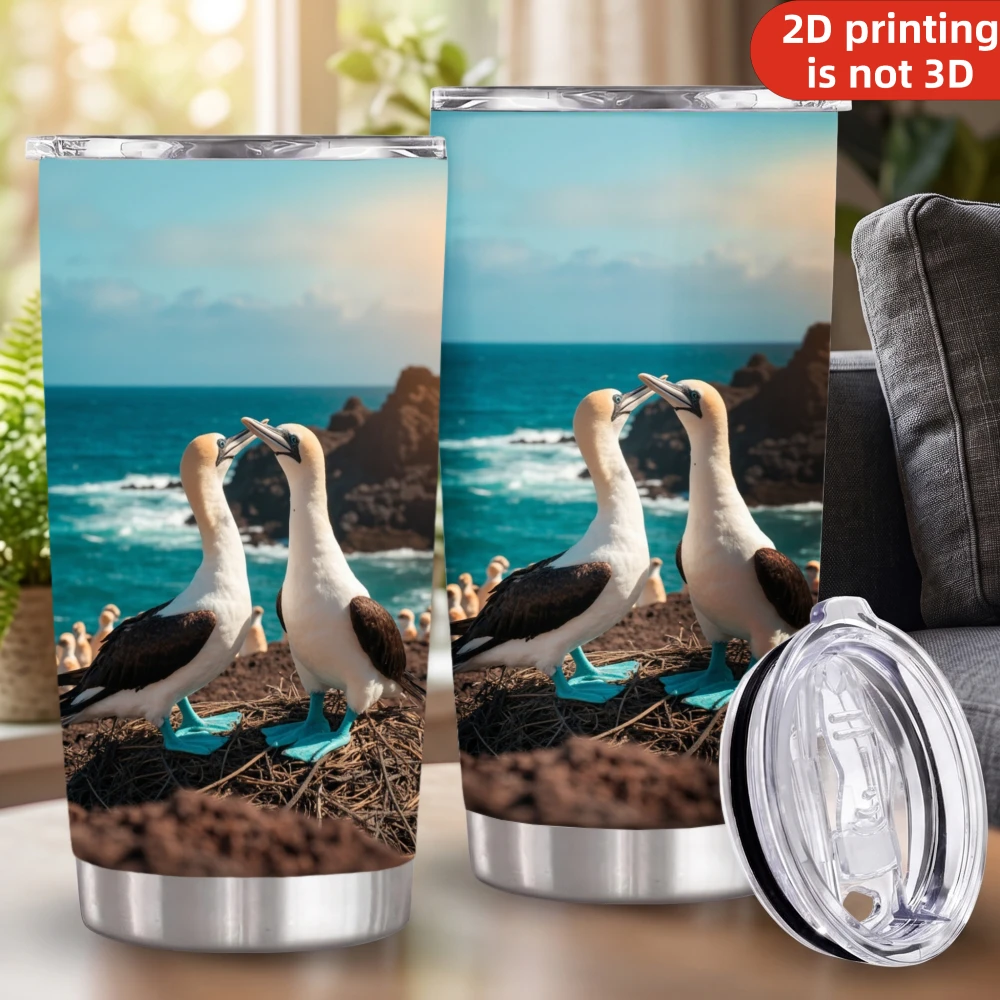 20oz Blue Footed Booby Printed Stainless Steel Tumbler with Lid and Straw, Galapagos Ocean Seabird Couple Coastal Wildlife Landscape Vacuum Insulated Travel Coffee Mug Gifts for Bird Lovers