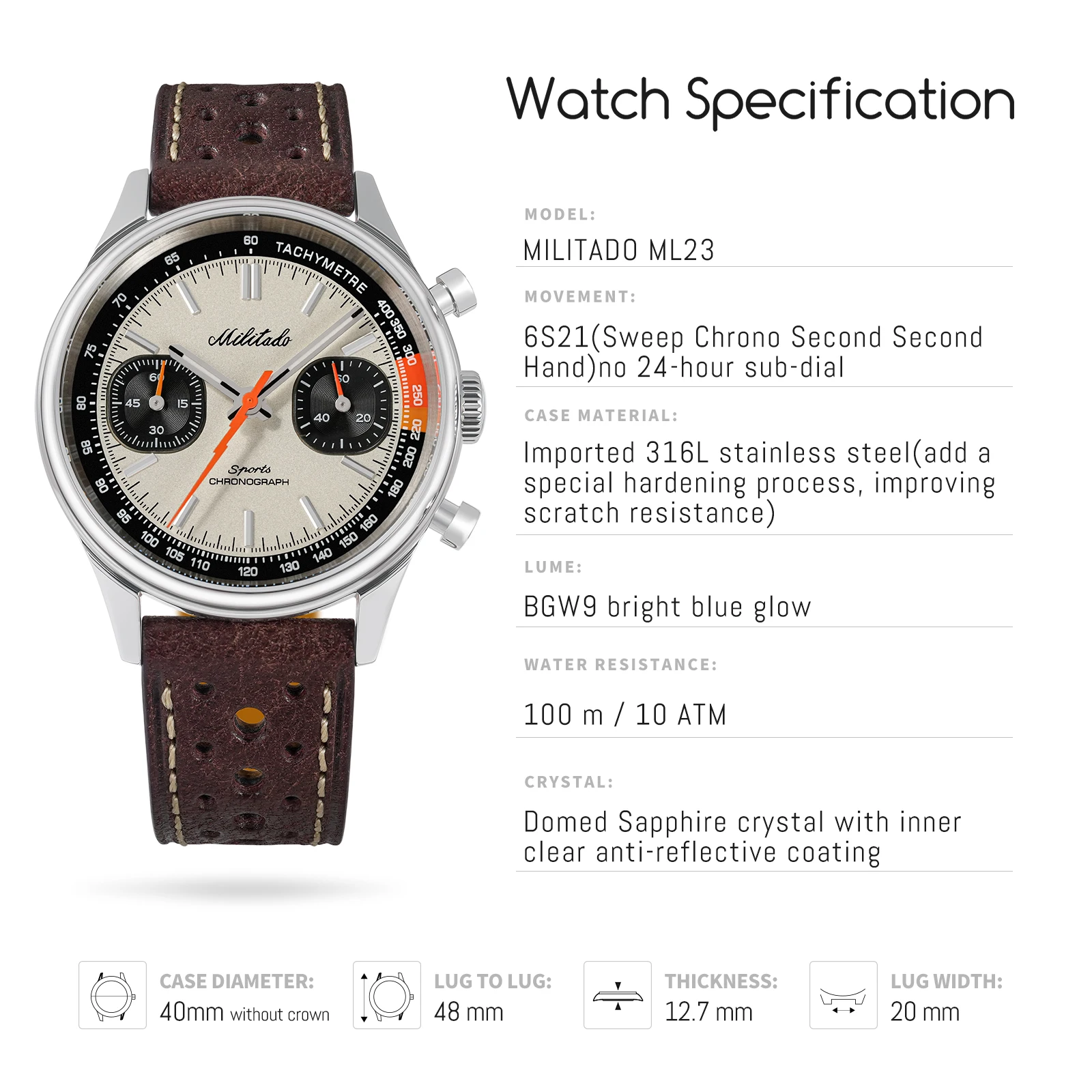 Militado ML23 Sports Chronograph Watches Miyota 6S21 Quartz Watch Panda Dial Sapphire BGW9 Waterproof 40Mm Retro Leather Strap - view 2