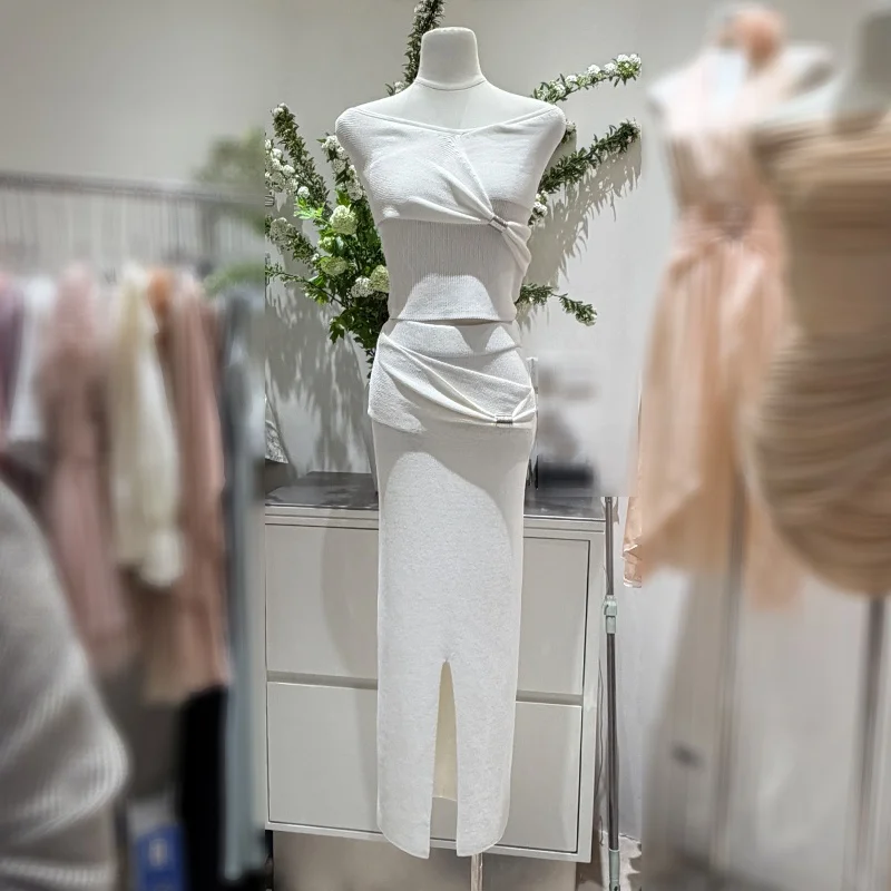 

Pure Desire Slim Fit Faionable One oulder Knitted Head over Foot Skirt Set White Spring Summer High Waist Gown for Women