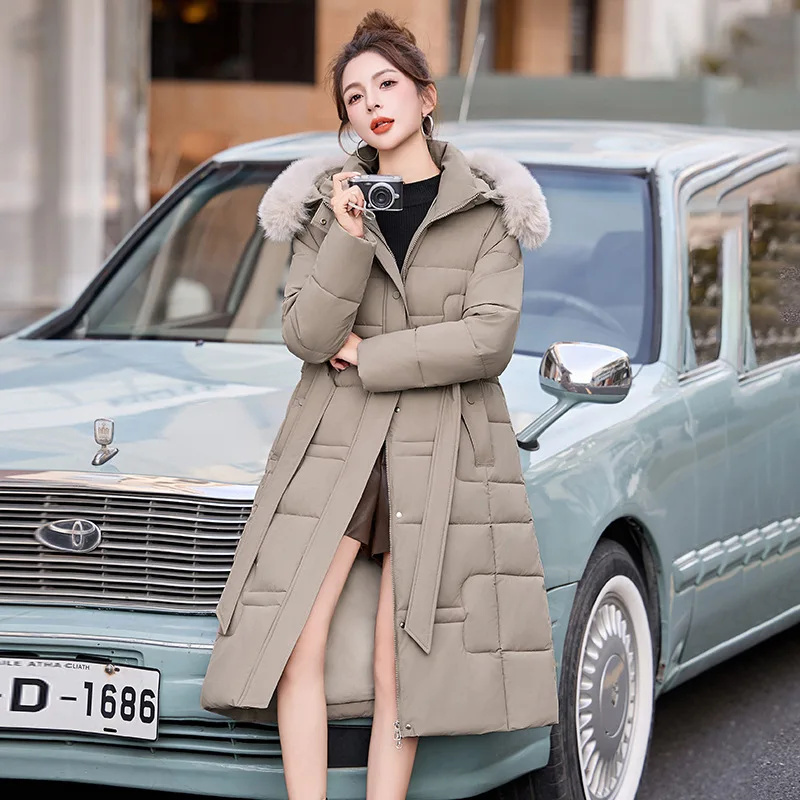 

Women's Thick Warm Coat Winter Fashionable Slim Fit Long Down Cotton Large Fur Collar Jacket Belted Hooded Outwear