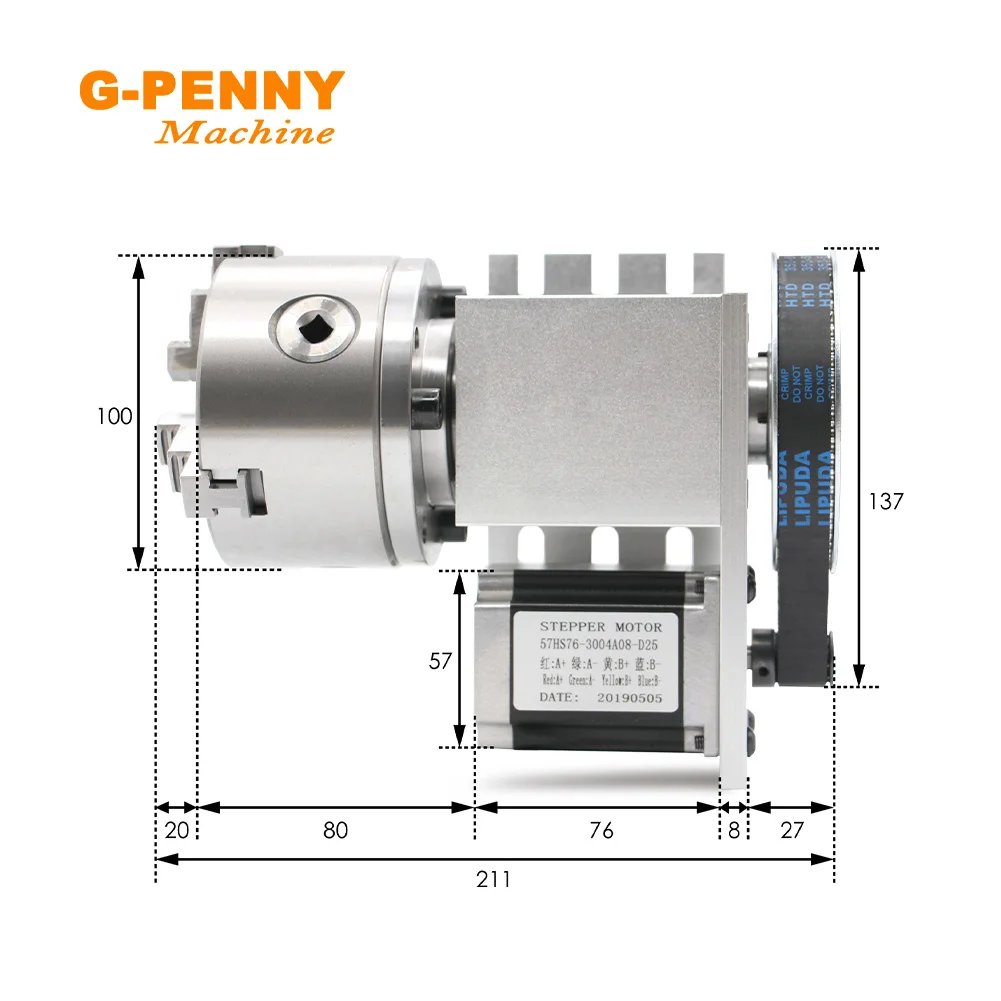 Motor paso A paso de 4 ejes para Mini máquina grabadora CNC, cabezal divisor de 100mm, eje de rotación, eje A, Nema23, 57x76mm