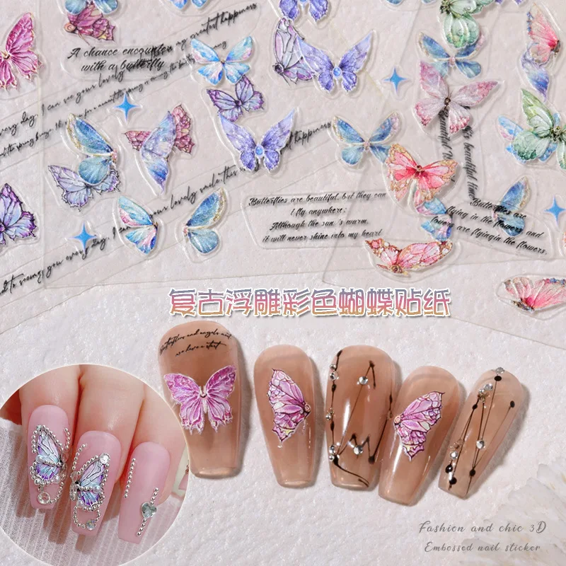 5D Butterfly Nail Stickers Elegant Pink Blue Letter Sliders Decals Embossed Charms Spring Summer Manicure Decoration Sticker #N#