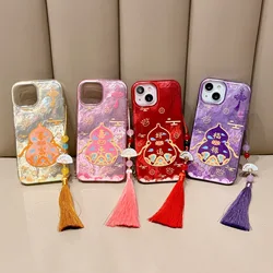 Chinese INS Traditional Style Calabash Pattern With Fringe Phone Case for iPhone 16 15 14 13 Pro Max Back Phone Cover Capa