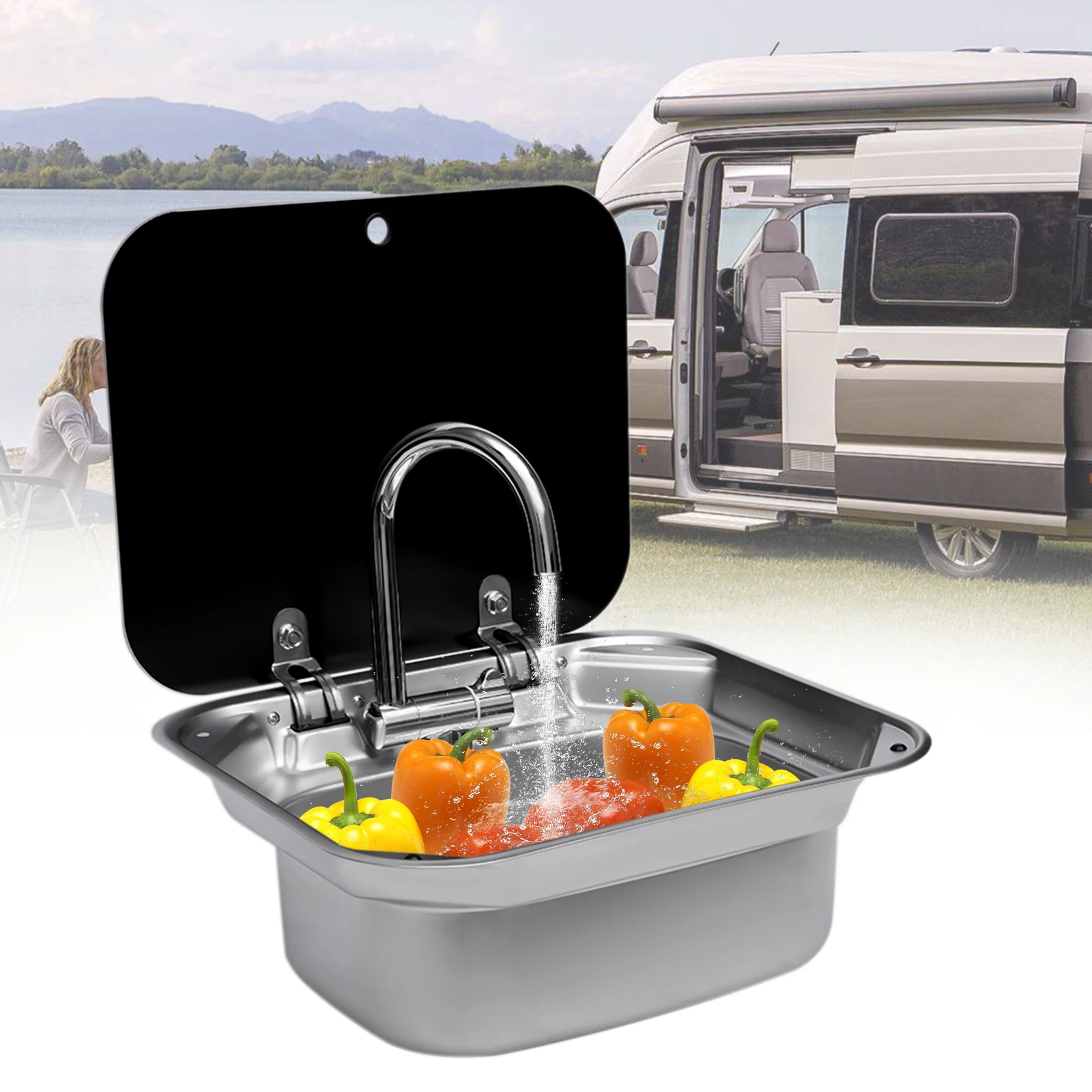 RV Caravan or Boat Stainless Steel Hand Wash Basin Sink with Folded Faucet Tempered Glass Lid Van Camper Trailer Accessories