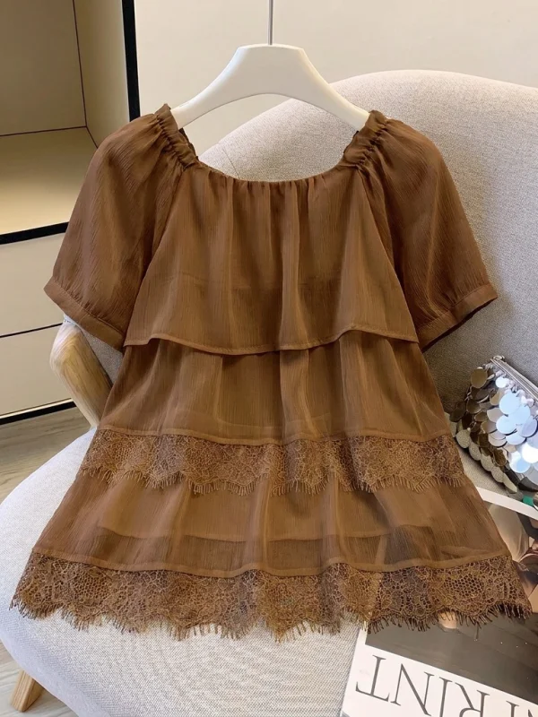 

Cafe Au Lait Square Collar Short Sleeve Women's Shirt Summer New Style Large Size Fat MM Doll Shirt Loose Fit Korean Style