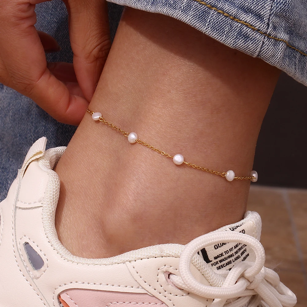 E.B.belle Water Resistant Freshwater Pearl Stainless Steel Chain Foot Leg Bracelets Anklets For Girl Beach Holiday Jewelry