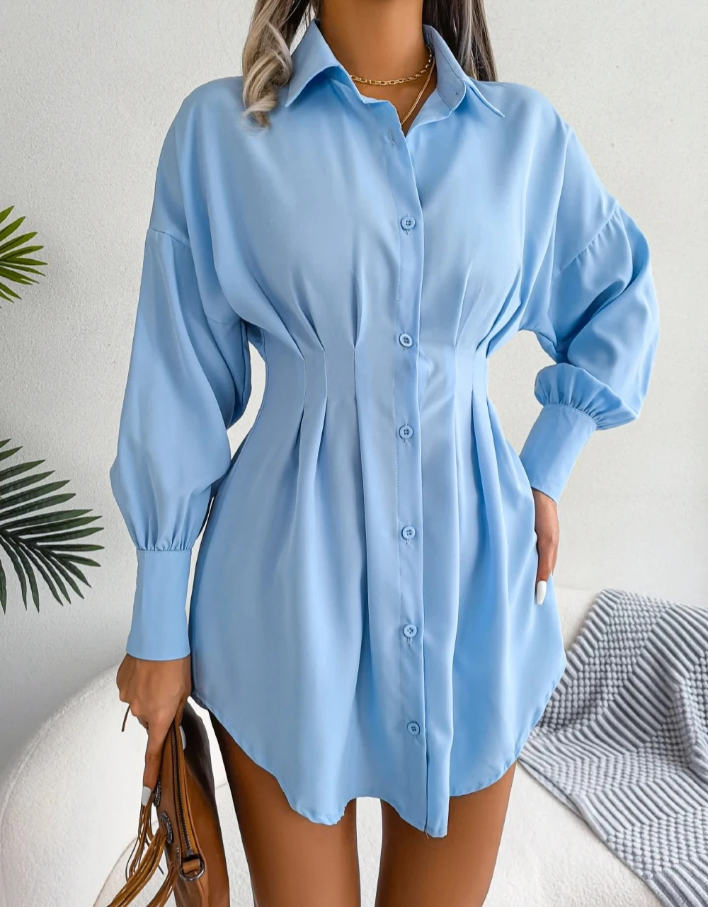 المرأة عارضة أزرار طويلة الأكمام قميص اللباس الخريف بلون التلبيب فستان قصير ملابس امرأة #1