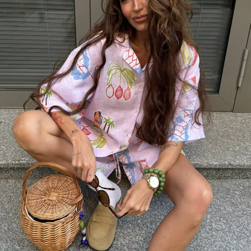 Strandurlaub-Print 2-teiliges Set Sommer Damen Kurzarm-Shirt & Shorts Lässige Leinen Tropische Lockere Loungewear – Detail 16