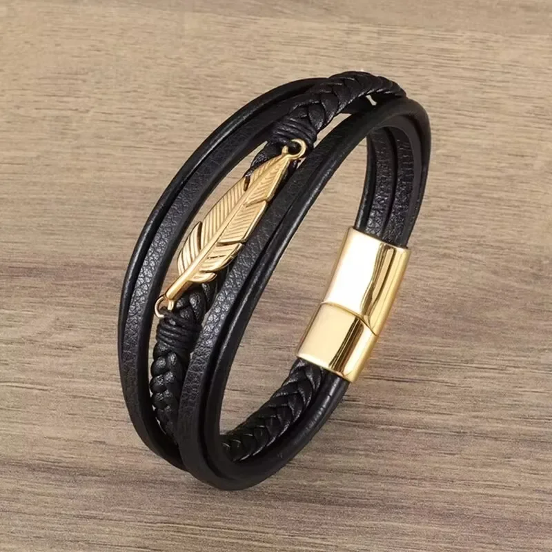 Classic Single Layer Black Hand Braided Leather Bracelet with Metal Magnetic Closure Men\\\'s Business Jewelry