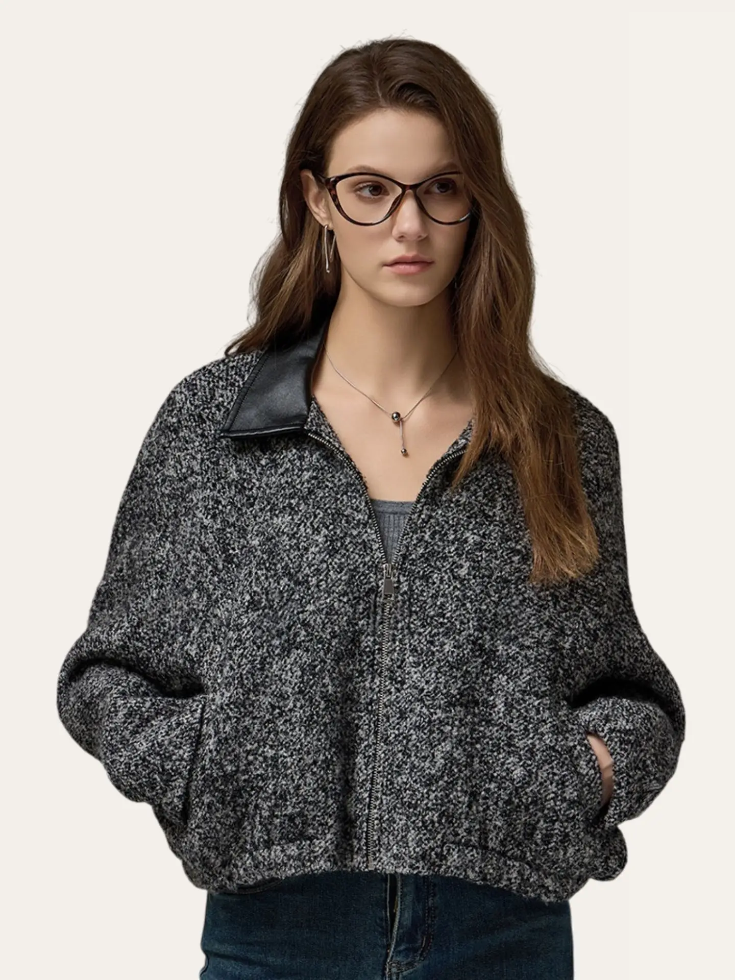 

Double-Sided Batwing Sve Leather Patchwork Camel Wool Casual Jaet American Sle Commute Simple Loose Fit Zipper Closure