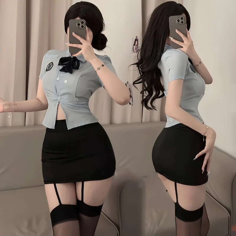 

Plus Size Sexy Police Officer Costume Secretary Office Lady Uniform Tight Mini Skirt Roleplay Lingerie Set Student Schoolgirl