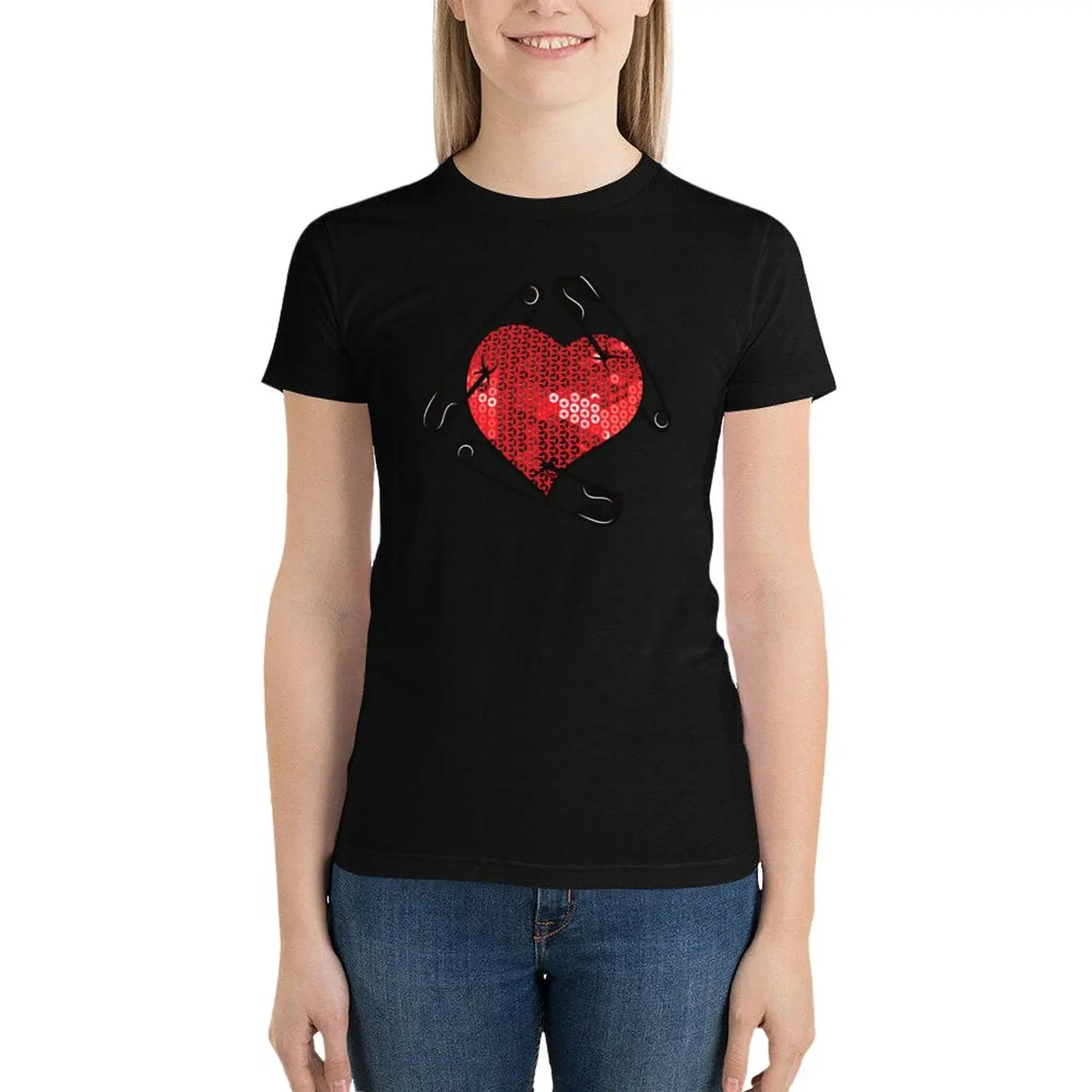 

red sequin print safety pin T-Shirt summer tops female cute tops Short sleeve tee clothes for woman