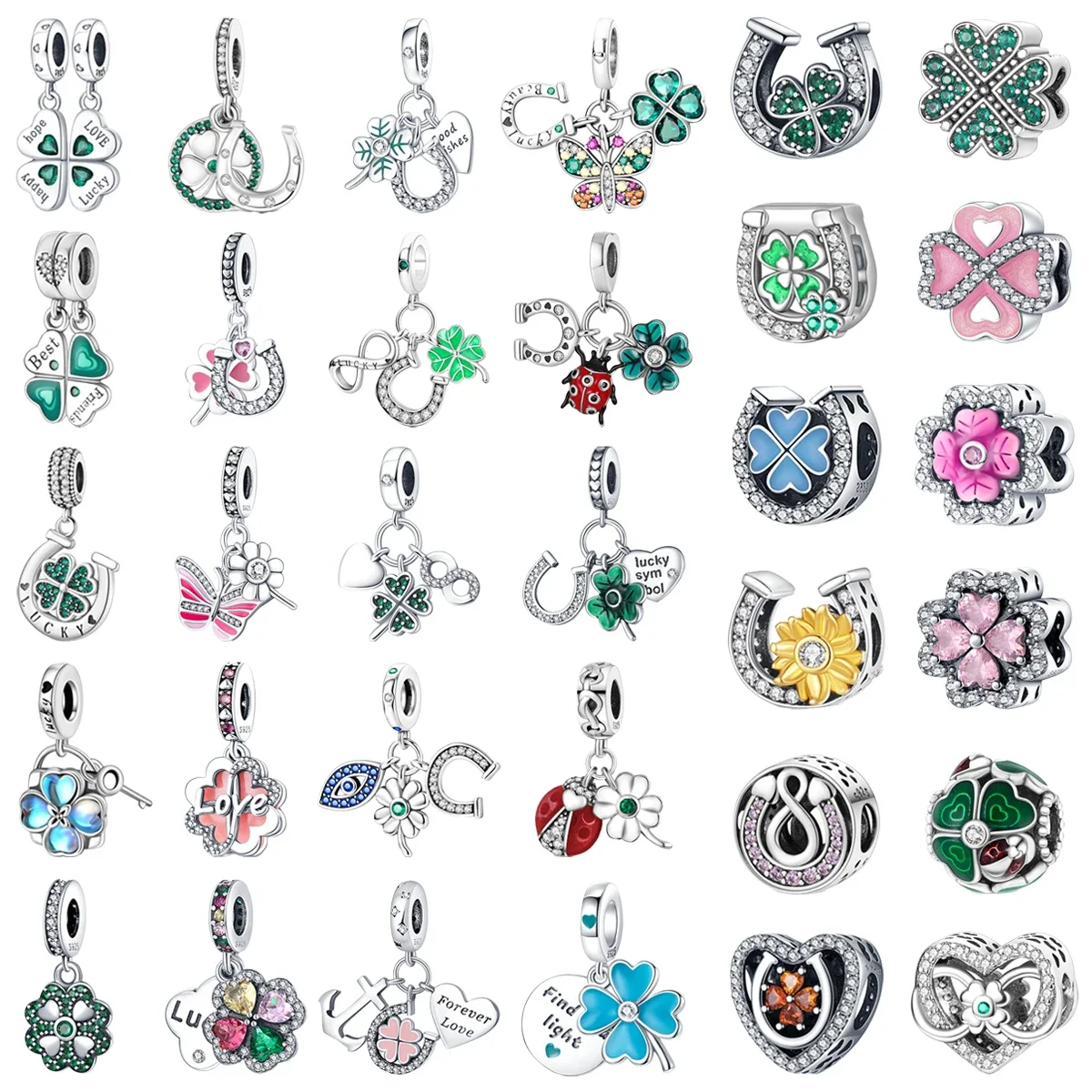 

Original 925 Charms Sterling Silver Green Clover Horseshoe Butterfly Beaded Pendant for Pandora DIY Bracelet Ladies Jewelry Gift