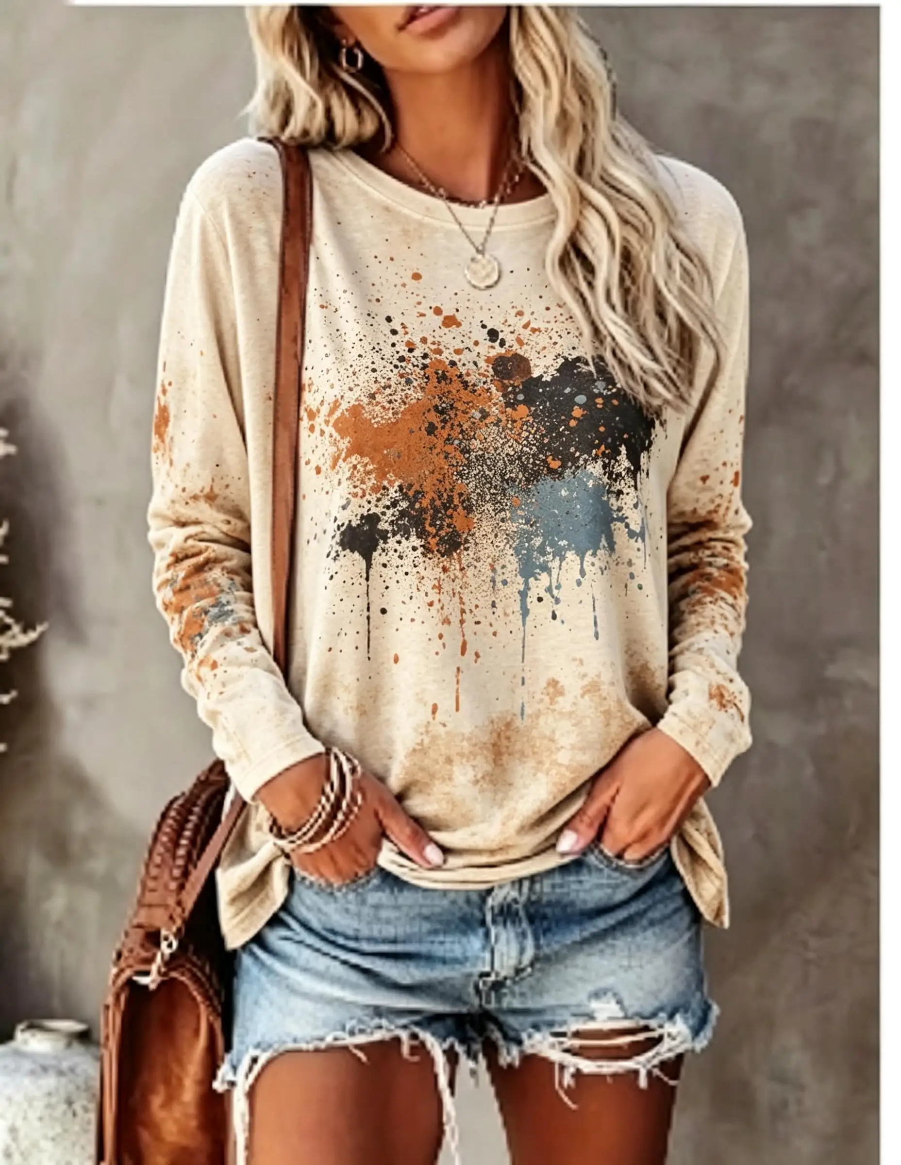 Women Long Sleeve T‑Shirt Art Splatter Paint Vintage Tie‑Dye Print Crew Neck Casual Fall Tops