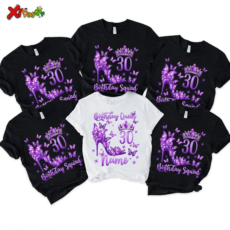 

30th Birthday Queen Shirt for Women Butterfly Design Customizable Name And Age Family Matching T-Shirt for Birthday Party