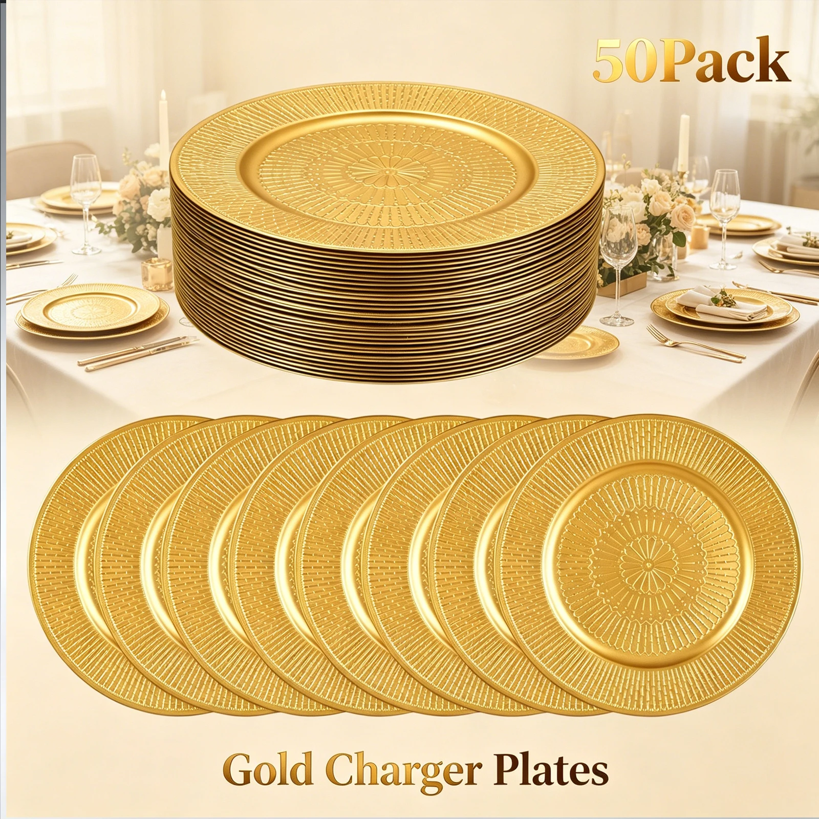 Gold Charger Plates Set of 50 13 Inch Round Reusable Decorative Dinnerware for Table Setting Elegant Party Supplies for Wedding Banquet Holiday Tablescape Home Entertaining Not Microwave Safe