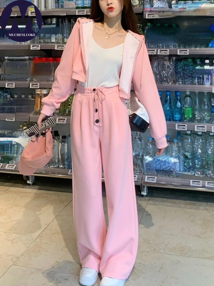 Elegant Long Sleeve Hooded Tops and Wide Leg Pants Set for Women, Thick Sports Suits, Casual Fashion, Spring, Summer, 2 Pcs