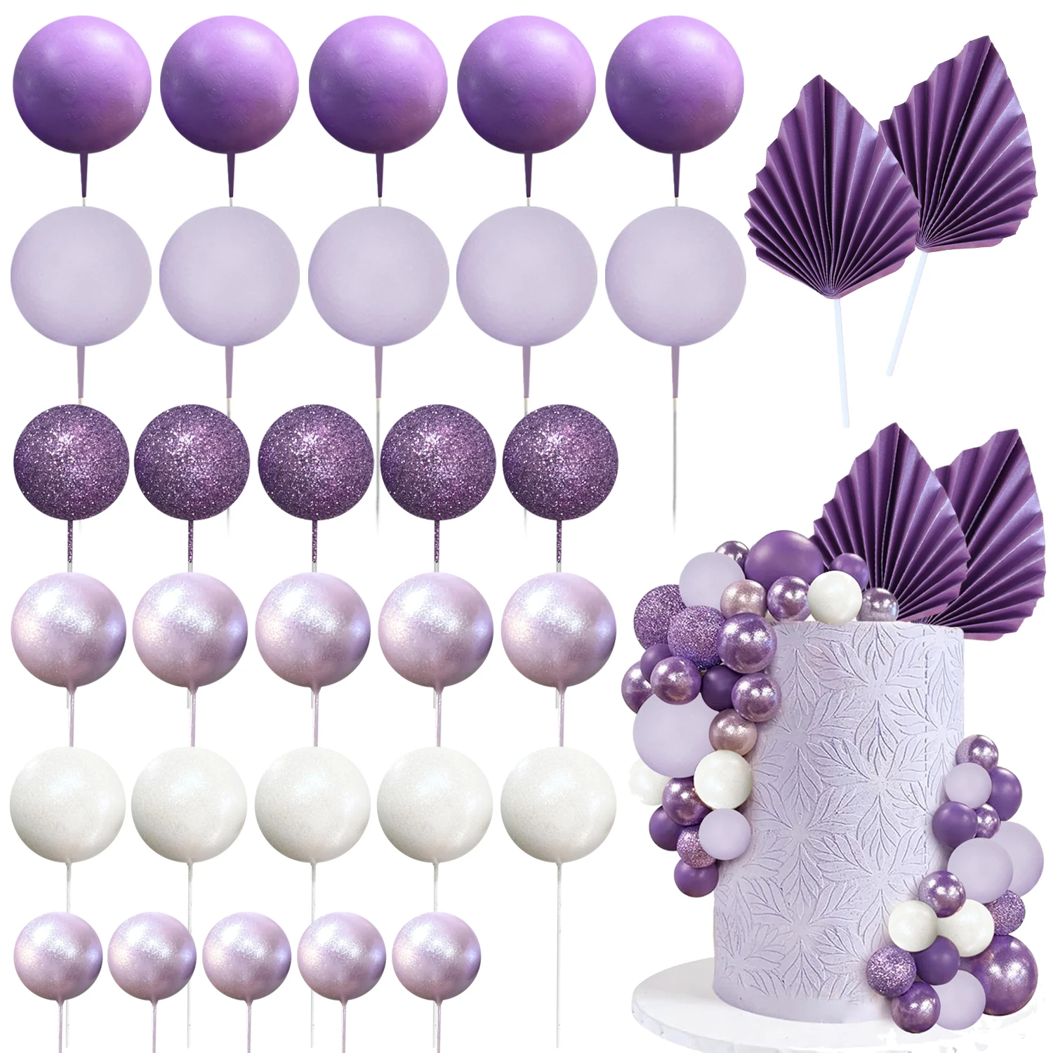 Purple Cake Topper Set Pearl Glitter Purple Foam Balls for Cake Decorating DIY Weddiing Birthday Baby Shower Party Supplies