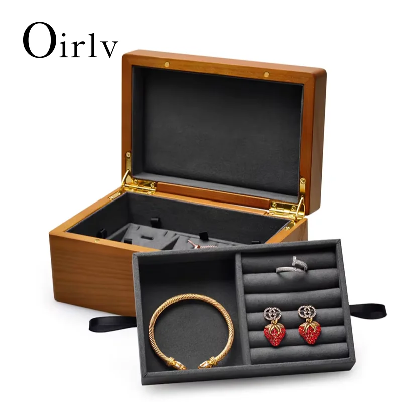 Oirlv-organizador de joyas de madera maciza, caja de almacenamiento con capas superiores e inferiores, anillo y pendientes