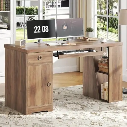 Office Desk with Drawers, Farmhouse Computer Desk with Keyboard Tray | 55 Inch Rustic Wood Work Study Writing Pc
