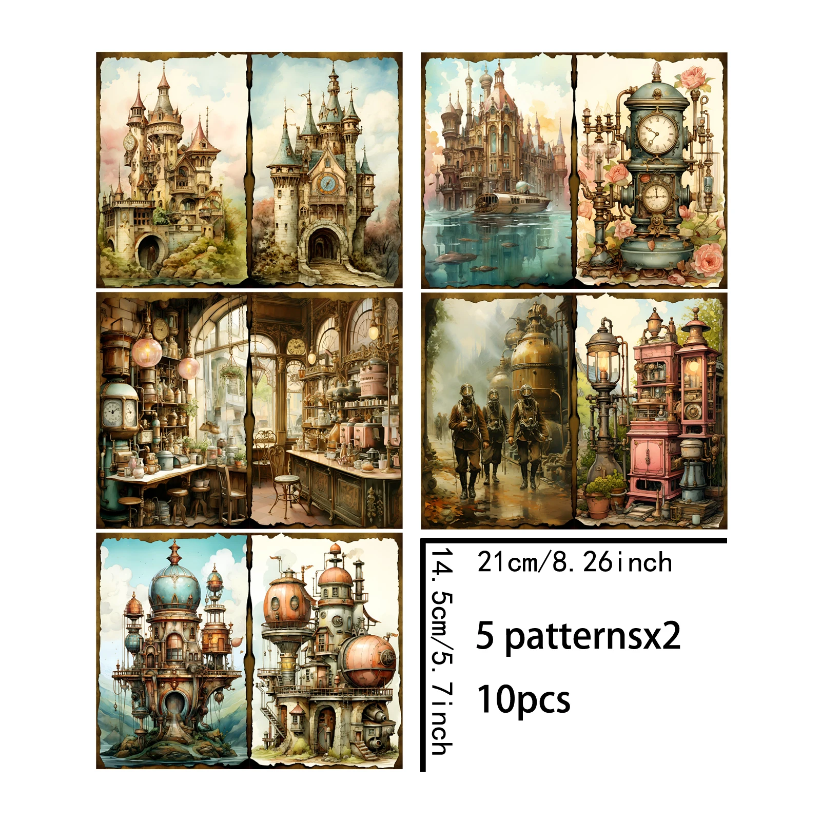 10 Sheets A5 Size Steampunk Mechanical Architecture Landscape Background Vintage Grunge Journal Planning Scrapbooking