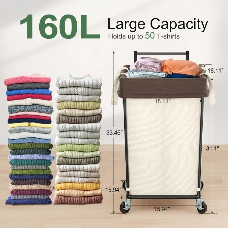 Laundry Basket with Wheels and Handle, 160L Large Rolling Laundry Basket 2 Section Laundry Hamper with Wheels