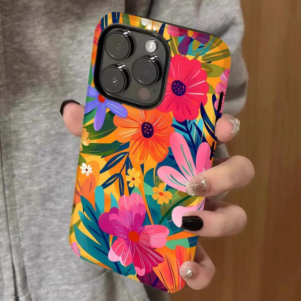 

Flower Pattern Phone Case Double-layered 2-in-1 Film Case For IPhone 16 15 Promax 14 13 Pro 12 11 plus Samsung S25 24 23 Covers