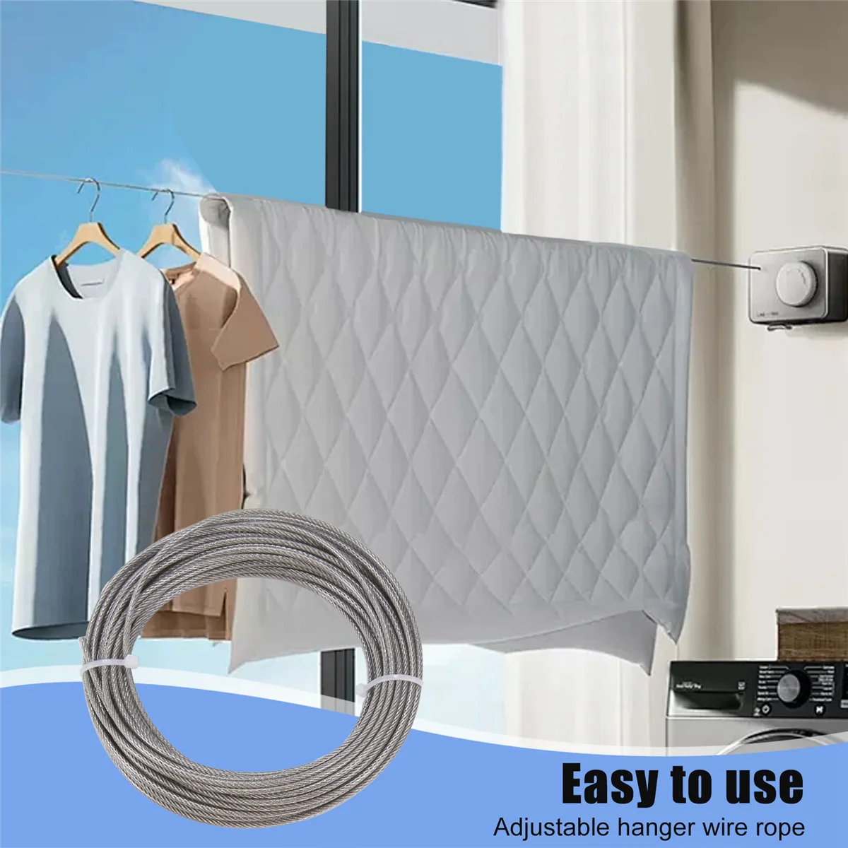 ONNL 10M Stainless Steel Wire Rope Coated 2 mm Steel Rope Adjustable Curtain Rope Hanging Rope with Mounting Clamps