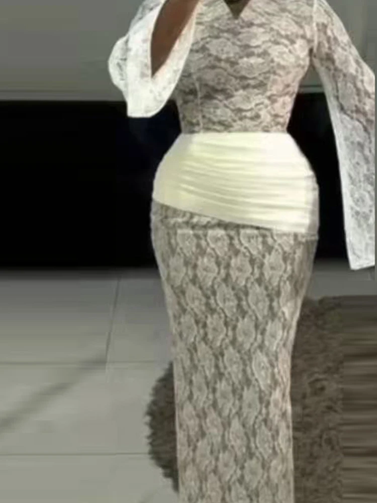 

Элегантное однотонное вечернее платье с высокой талией, повседневное перспективное платье с длинными рукавами, женское сексуальное тонкое длинное платье с кружевной вышивкой