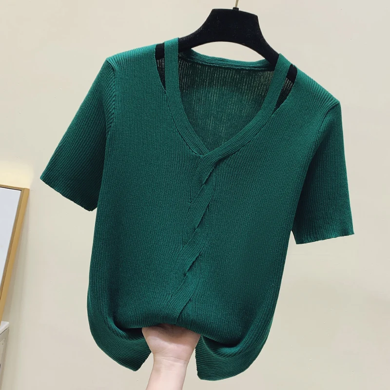 Spring Summer Women Sweaters Short Sleeves V-neck Bottoming Shirt Knitwear 2023 Camel Green Black Pullovers Korean Jumpers