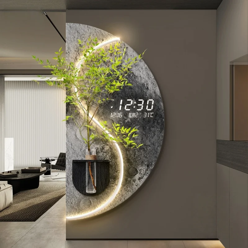 2026 Hydroponic Green Decorative Painting Background Cream Senior Living Room Hanging Painting Sandstone Led Lights With Clock