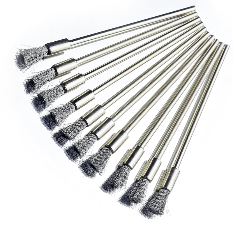 10Pc Stainless Steel Wire End Brush Pen Shape Bristle Scratch Extension Rod 1/8