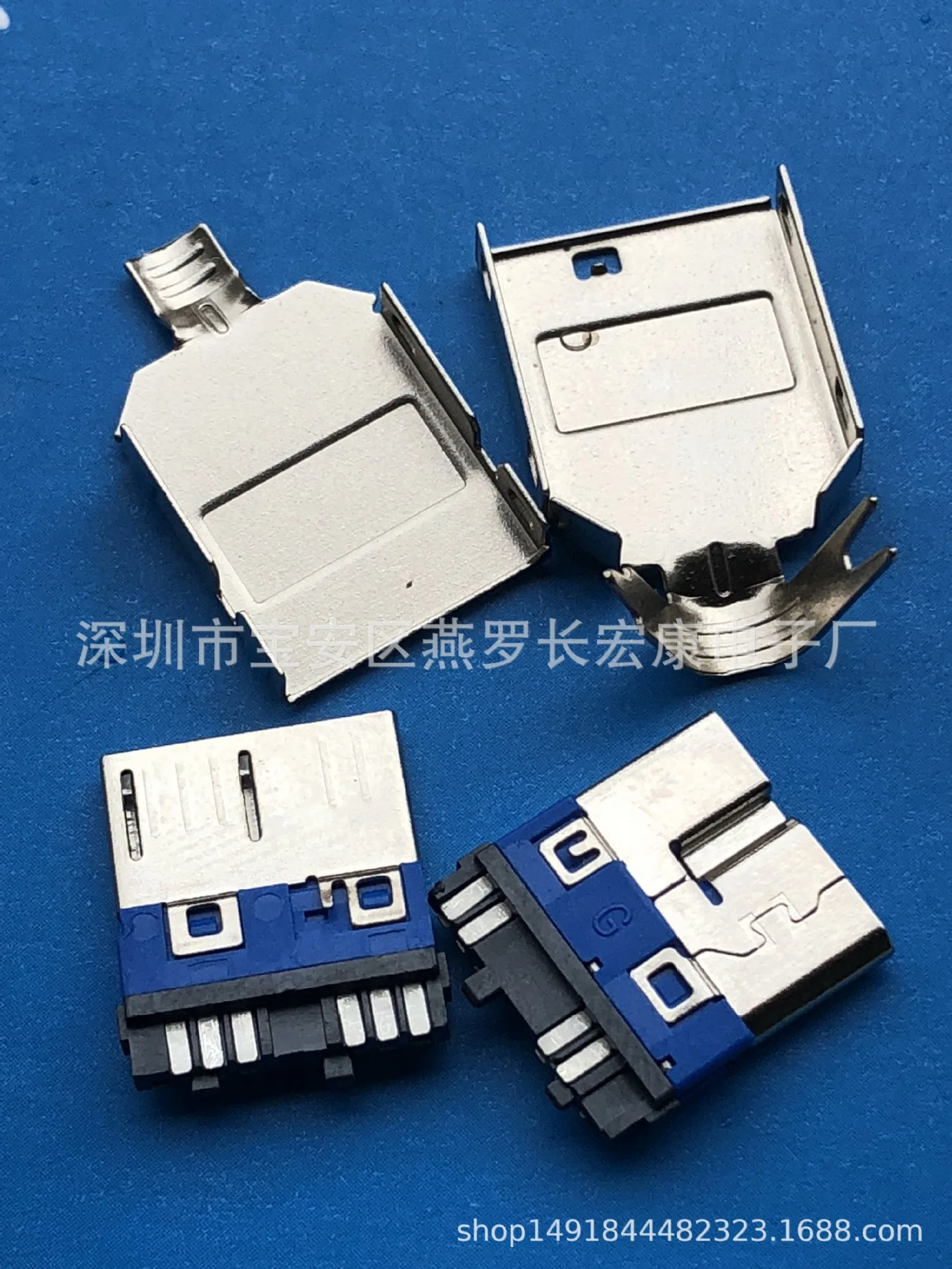 For MICRO 3.0 male, solder wire type, double-sided solder wire, half-pass groove, three-piece set, blue rubber core