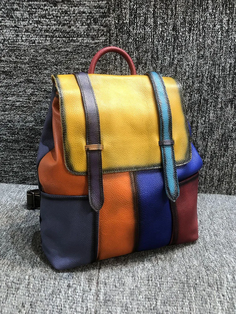 Panelled Colors Design Genuine Leather Harajuku Backpack Unisex Women Student School Bag Street Vintage Casual Travel Backpacks