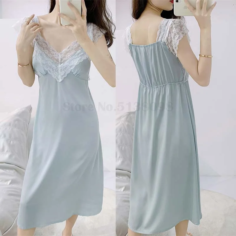 New Nightgown Women Summer Ice Silk Sexy Lace with Breast Sleepwear Spaghetti Strap Midi Nightdress Intimate Lingerie Home Wear