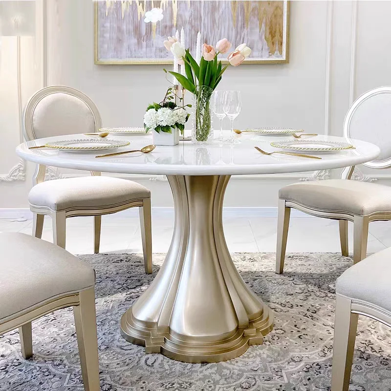 American light luxury round dining table modern simple park avenue French solid wood marble dining table and chair combination
