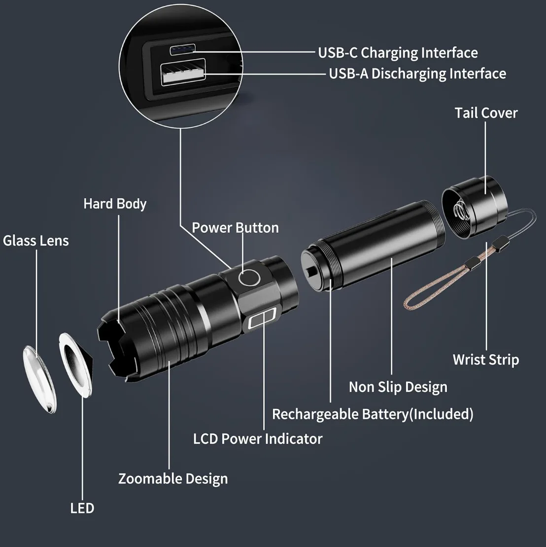 Torcia tattica con zoom tattico luminoso per esterni Torcia a LED USB ricaricabile Luce forte Batteria a lunga durata Impermeabile a lunga distanza