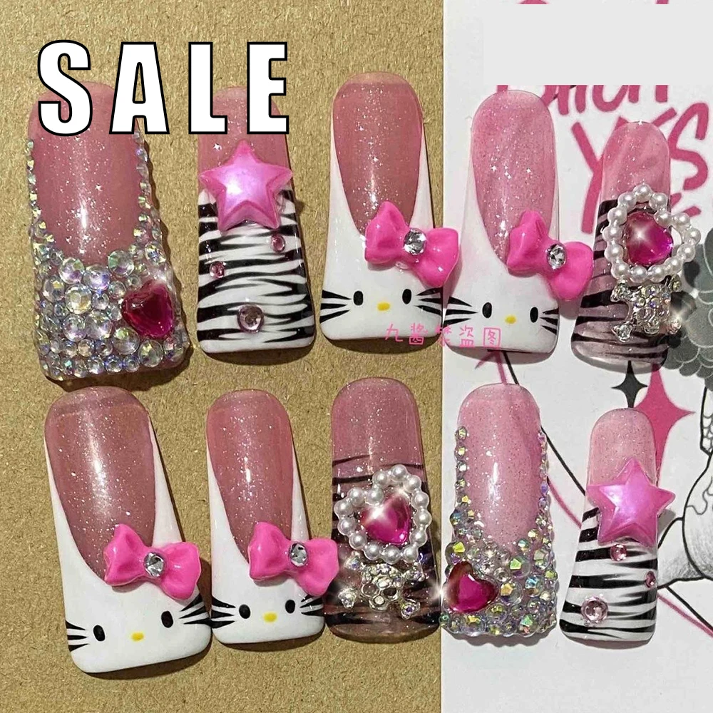 

10Pcs Sales Promotion Sanrio Hello Kitty Trapeze Glitter Powder Press On Nail Hand-Painted Pinstripes Rhinestone Finished Nail