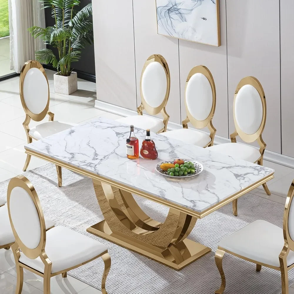 Table de salle à manger en faux marbre blanc, base en acier inoxydable en forme de U pour les touristes, impression de marbre, haut NW, 70 po, 6-8 po, 0.71 po