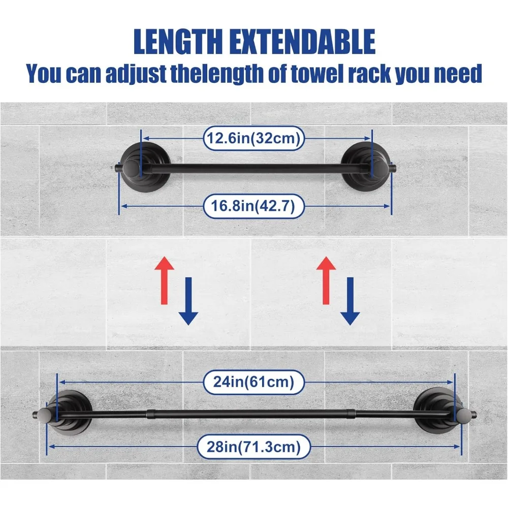 Portasciugamani a ventosa per doccia con 5 ganci, portasciugamani da parete lungo regolabile da 17-28 pollici, doccia in vetro estensibile
