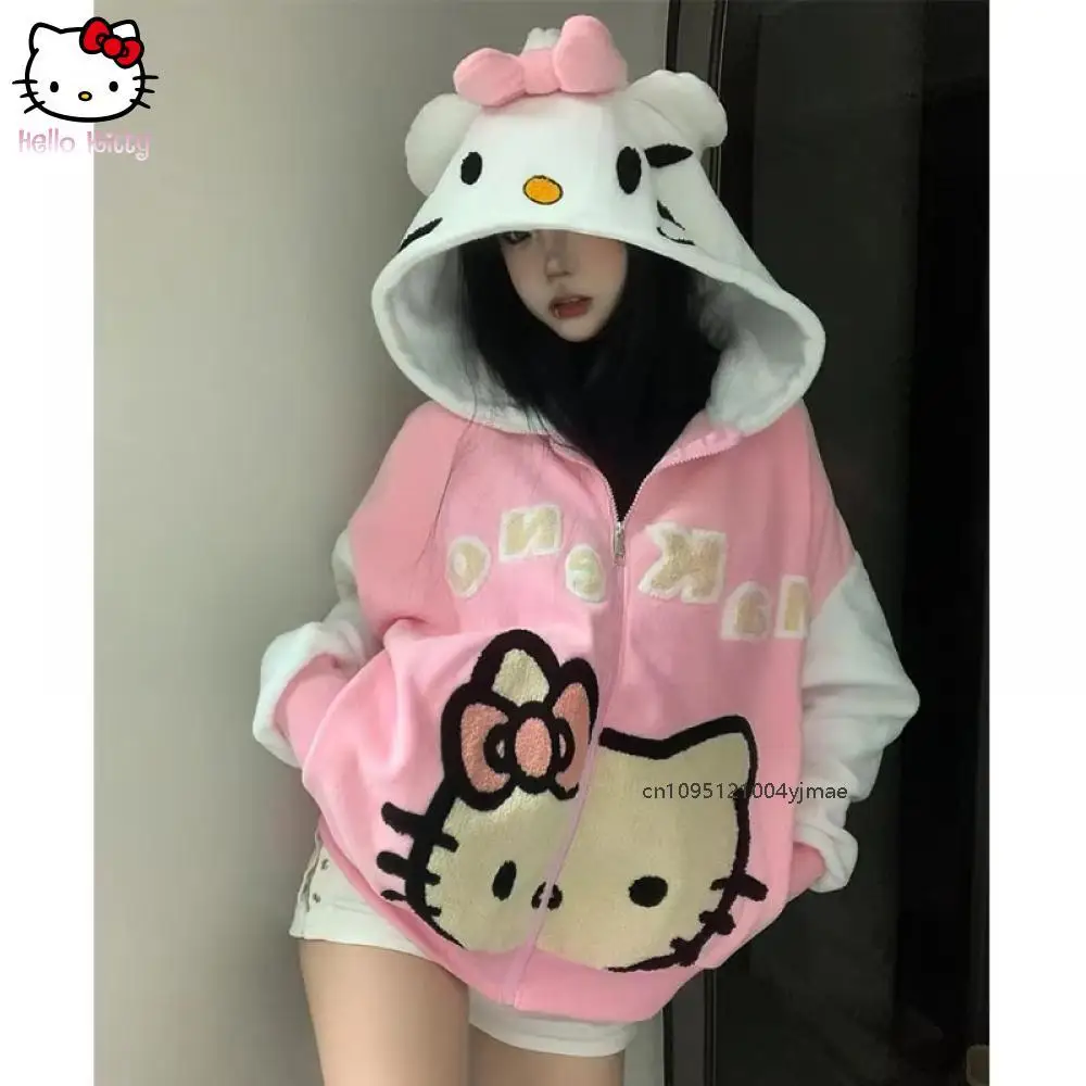 

Sanrio Hello Kitty плюшевое женское пальто в стиле Y2K, толстовка на молнии с принтом, уличная одежда с капюшоном большого размера, повседневная толстовка, куртка, свитер