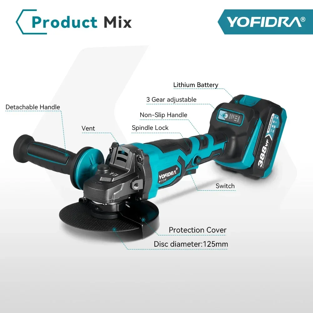 Yofidra 125mm Brushless Angle Grinder 3Gear Efficient Cordless Metal Wood Grinding Polishing Cutting Tool For Makita 18V Battery