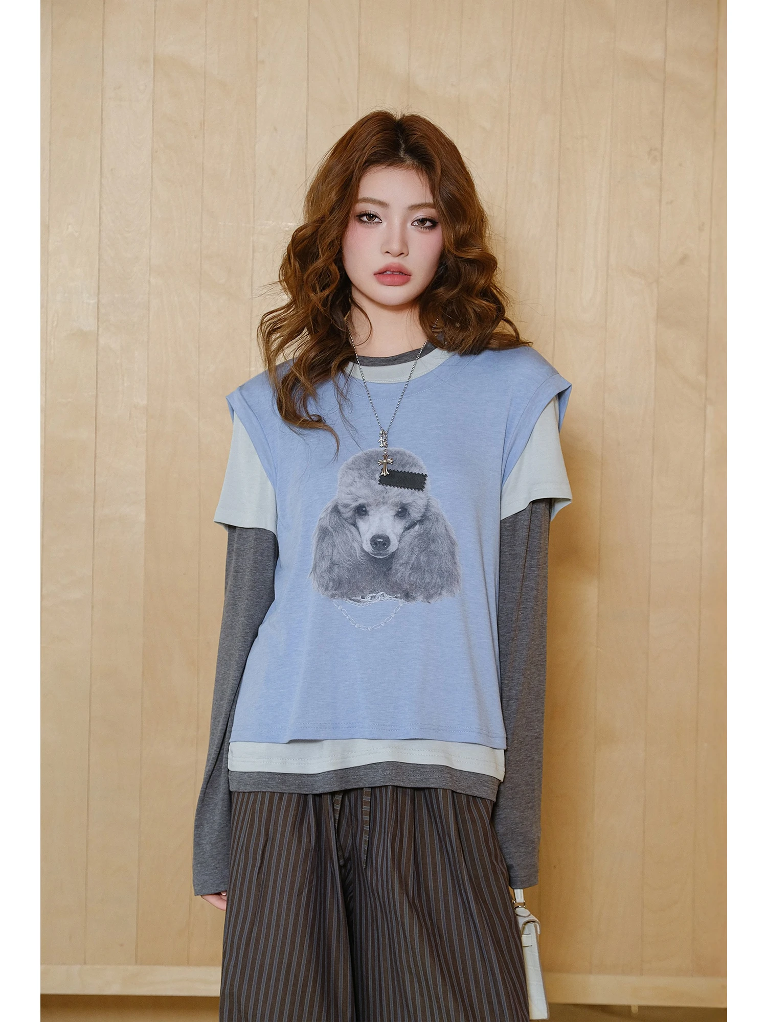 

MIUCO round Ne Dog Print Vest Design Rayon Splice ort Sve Long Sve T-irt Two-Piece Set Casual Universal Fit Ladie...